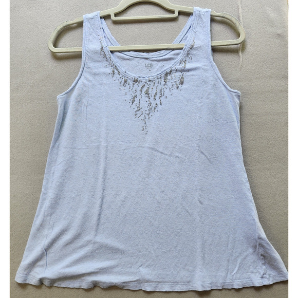 Eileen Fisher Tank Top Small Lt Blue Scoop Neck Sequins 100% Linen - Picture 1 of 7